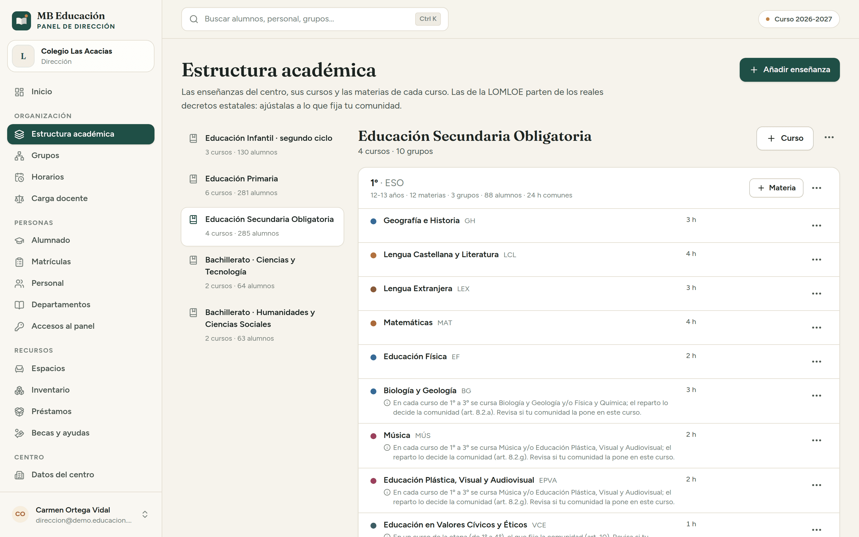 Estructura académica: enseñanzas, cursos y materias de Educación Secundaria Obligatoria