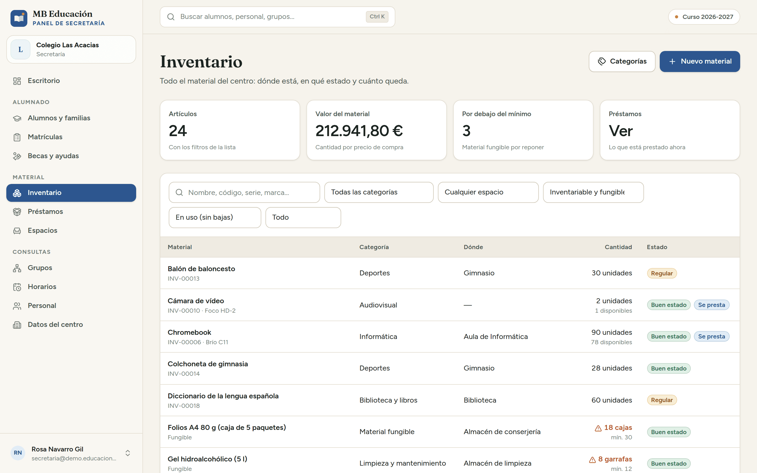 Inventario del centro con el valor del material, sus categorías y su estado