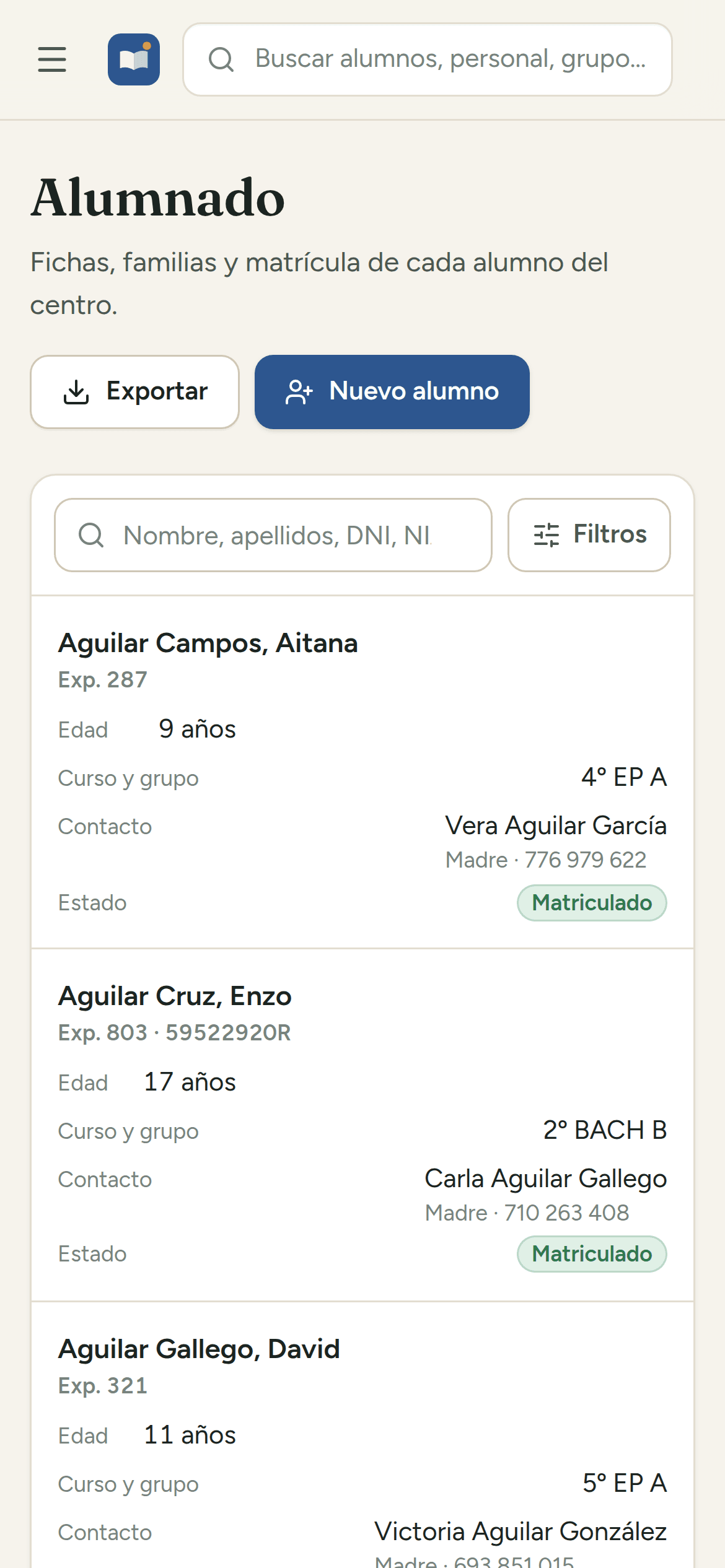 Lista del alumnado en el móvil